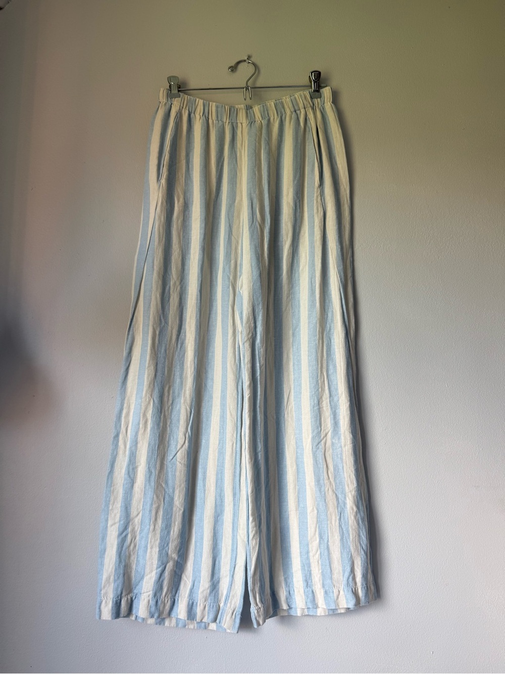Velvet Light Blue and White Striped Linen Wide-Leg Pants SZ S